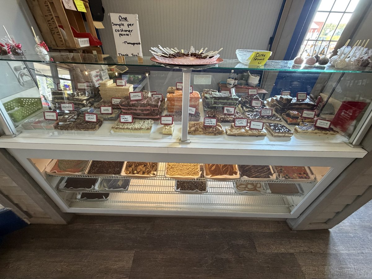 Display case full of Powell's homemade fudge in dozens of flavors, with handwritten flavor labels and dipped treats on top
