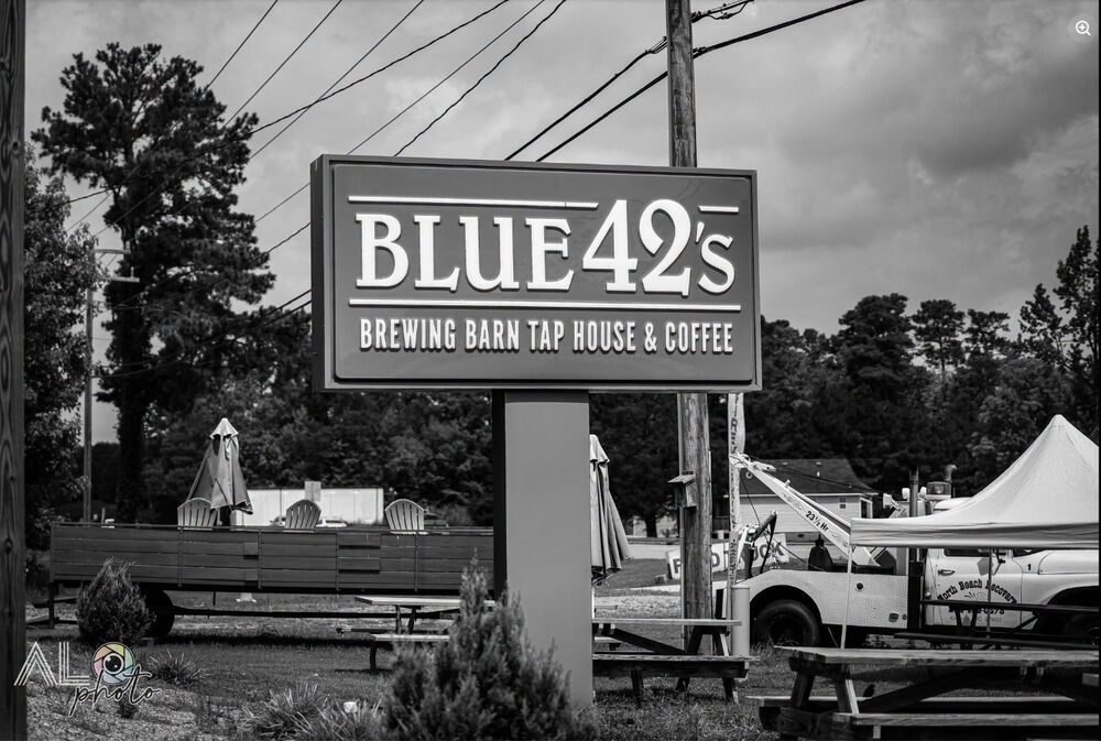 The Blue 42's Brewing Barn roadside sign in Moyock, NC