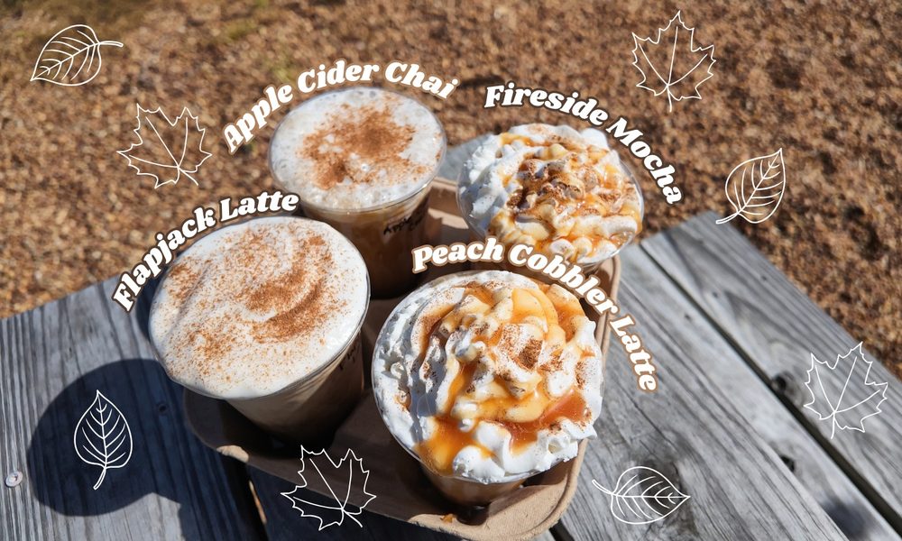 Four fall lattes at Blue 42's Brewing Barn: Apple Cider Chai, Fireside Mocha, Flapjack Latte and Peach Cobbler Latte