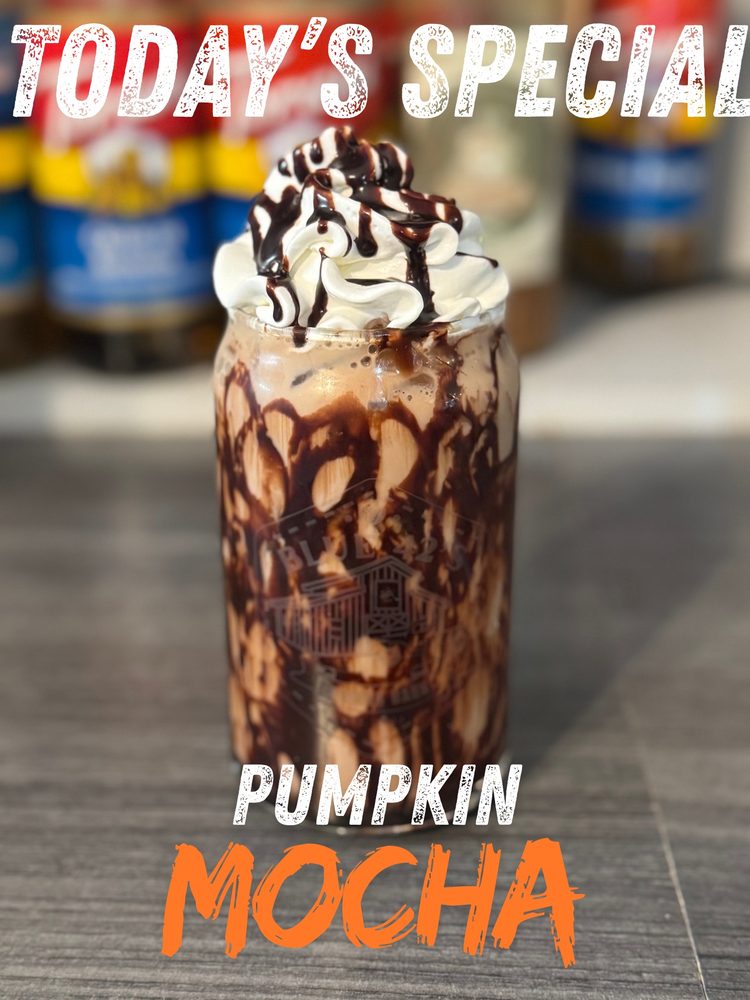 Iced Pumpkin Mocha topped with whipped cream and chocolate drizzle at Blue 42's Brewing Barn